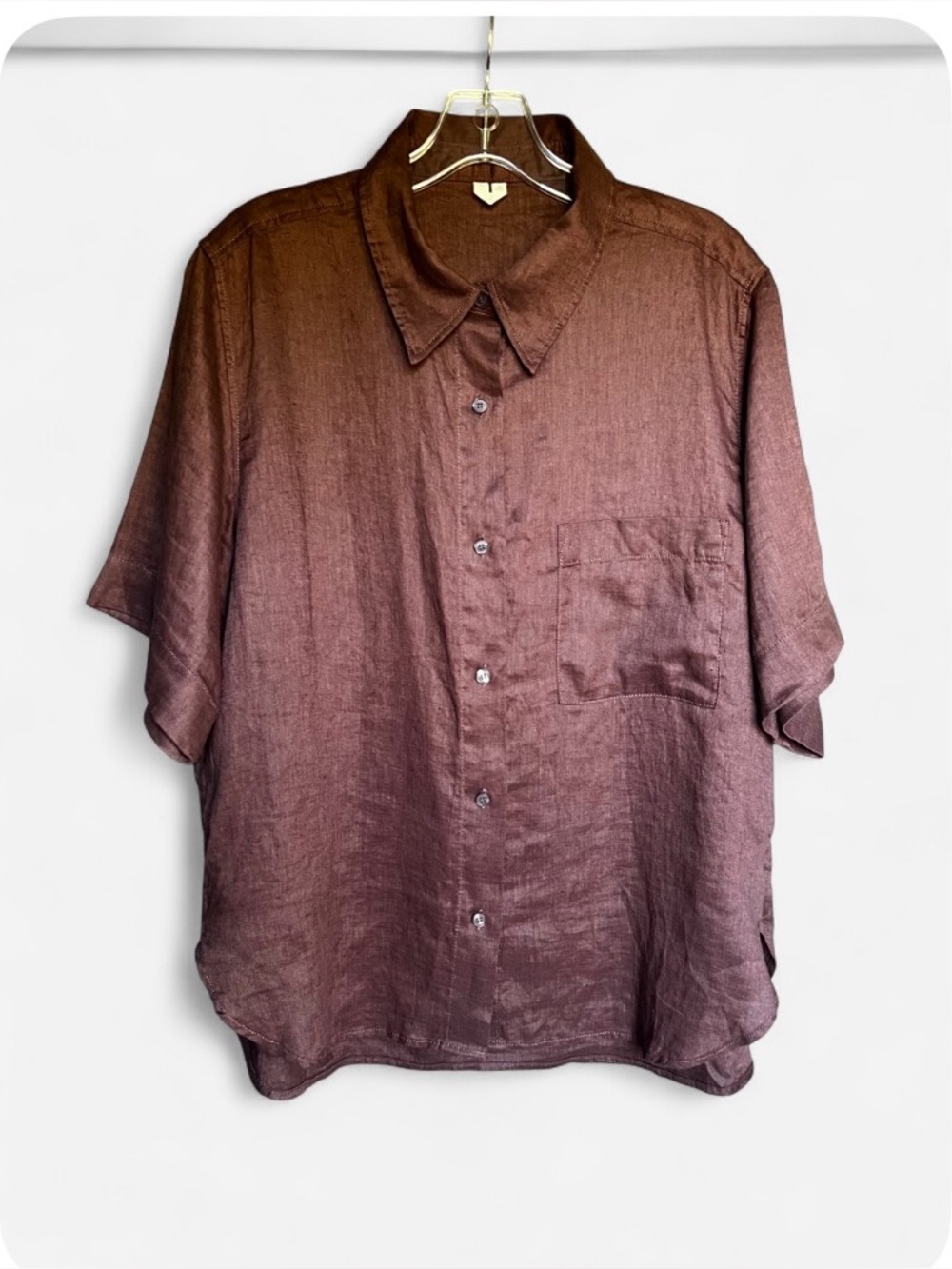 ARKET Short Sleeve 100% Linen Button Down Shirt Sz S Oversized Chocolate Brown
